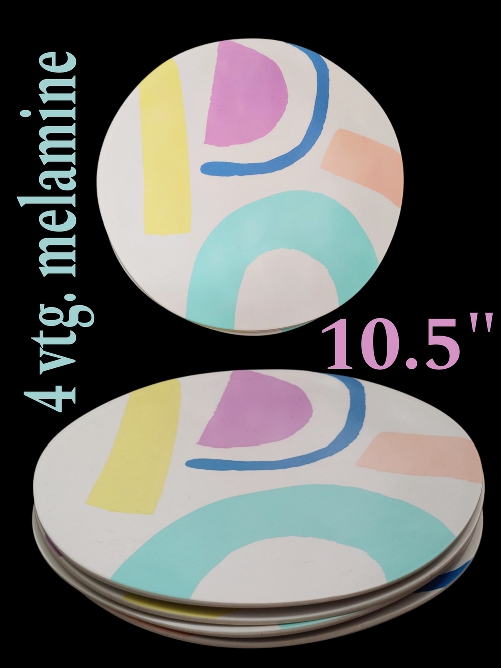 4 Vintage 10.5" Melamine Dinner Plates with Pastel Abstract Design (Set of 4)